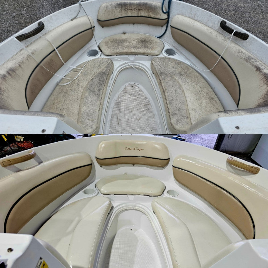 Before and after image showing the transformation of a boat's vinyl seats. The top image displays worn, dirty seats, while the bottom image shows cleaned, restored seats with a fresh, pristine appearance.
