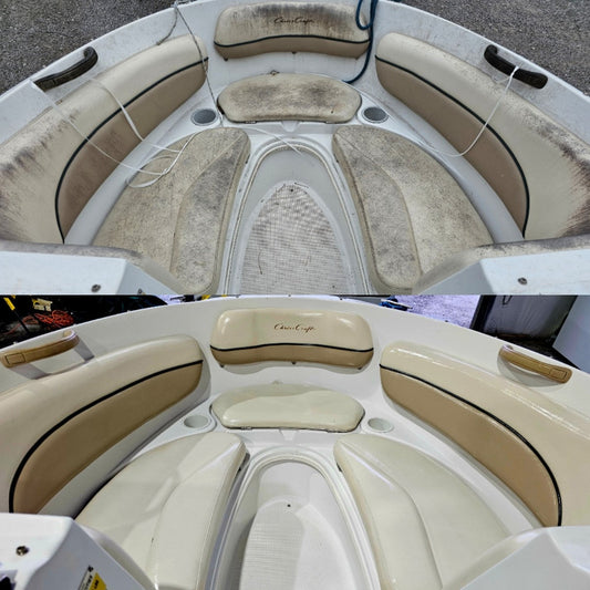 Before and after image showing the transformation of a boat's vinyl seats. The top image displays worn, dirty seats, while the bottom image shows cleaned, restored seats with a fresh, pristine appearance.