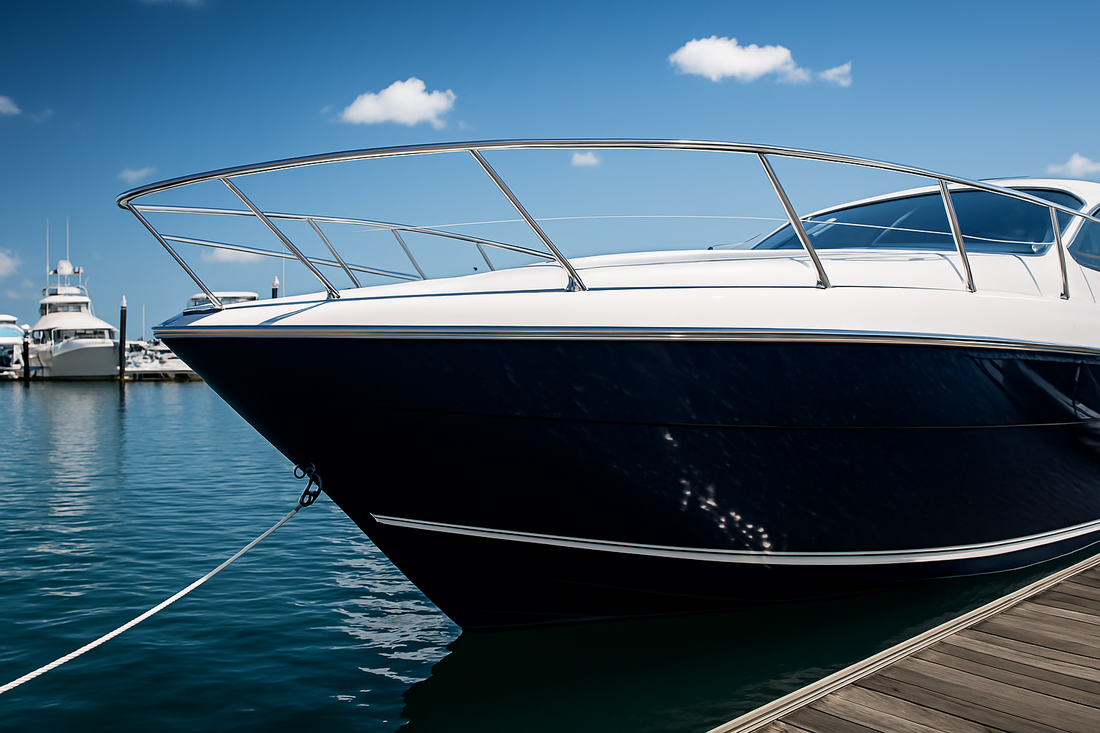 Glossy dark blue boat hull reflecting water and sunlight at a marina, highlighting a polished and well-maintained finish with no swirl marks or oxidation.