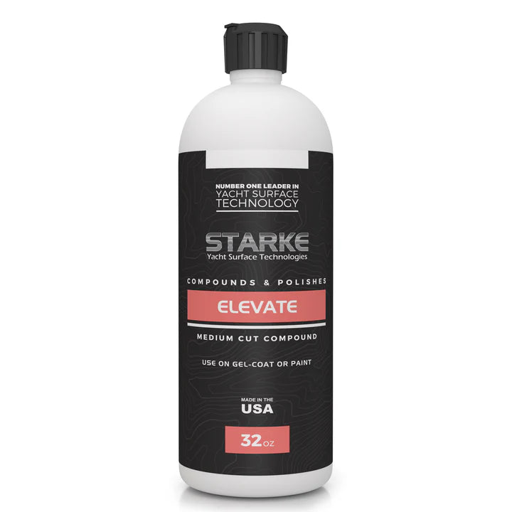 A 32oz bottle of Starke Yacht Surface Technologies Elevate, a medium-cut compound. This product is designed to remove 1000-1200 grit sand scratches and is suitable for use on gel-coat or paint surfaces. It effectively removes medium oxidation and flattens the surface, using advanced diminishing abrasive technology.