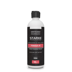 Starke Finish-R Hybrid Finishing Polish in 16oz bottle, designed for use on gel coat or paint, providing a high-gloss finish. Made in the USA.