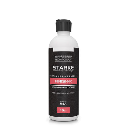 Starke Finish-R Hybrid Finishing Polish in 16oz bottle, designed for use on gel coat or paint, providing a high-gloss finish. Made in the USA.