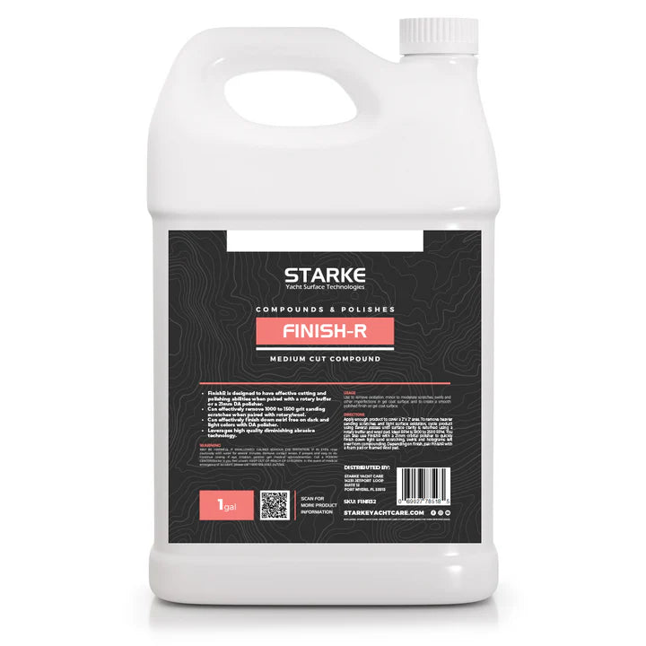 Starke Finish-R Hybrid Finishing Polish in 128 oz bottle, designed for use on gel coat or paint, providing a high-gloss finish. Made in the USA.