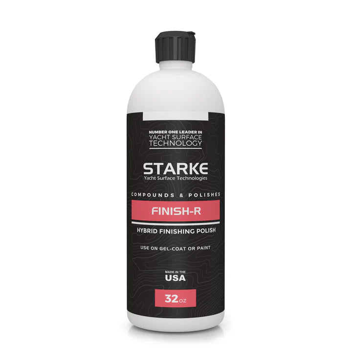 Starke Finish-R Hybrid Finishing Polish in 32oz bottle, designed for use on gel coat or paint, providing a high-gloss finish. Made in the USA.