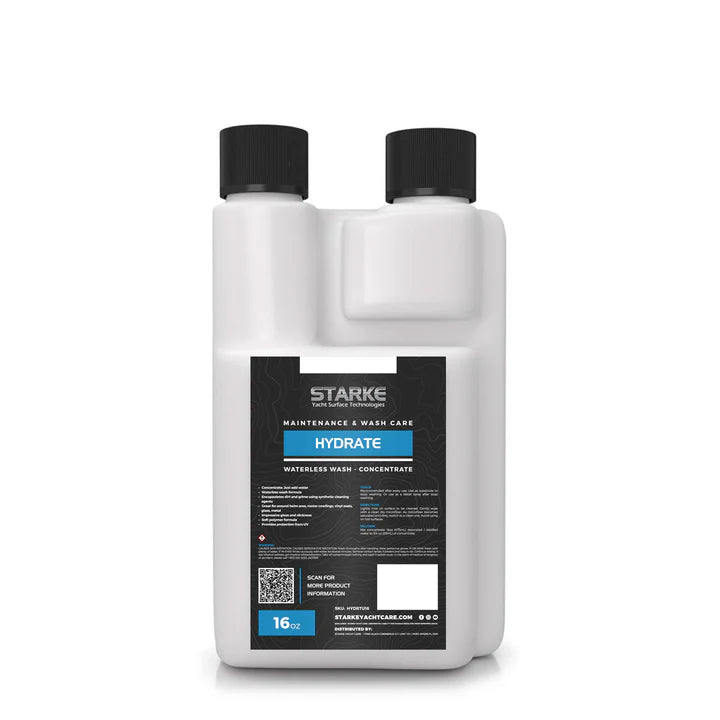 Starke Yacht Surface Technologies Hydrate, RTU Waterless Wash Concentrate, in a 16 oz bottle, suitable for gel-coat, paint, metal, glass, and plastic surfaces, encapsulates dirt and grime while leaving a slick finish and enhanced gloss.