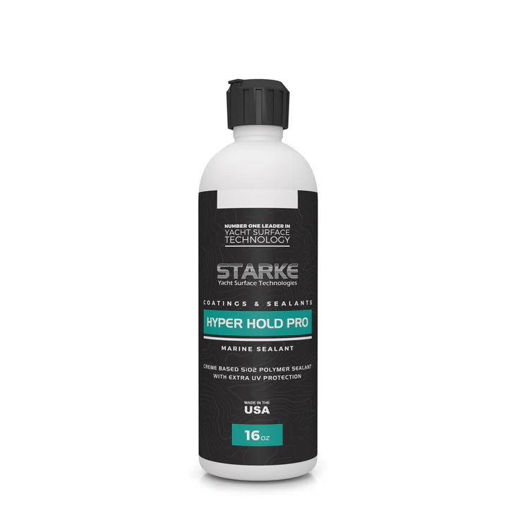 A 16oz bottle of Starke Yacht Surface Technologies Hyper Hold Pro SIO2 Polymer Sealant, featuring extreme UV protection. The bottle label is black with silver accents, highlighting the product's use for gel-coat or paint with no silicones.