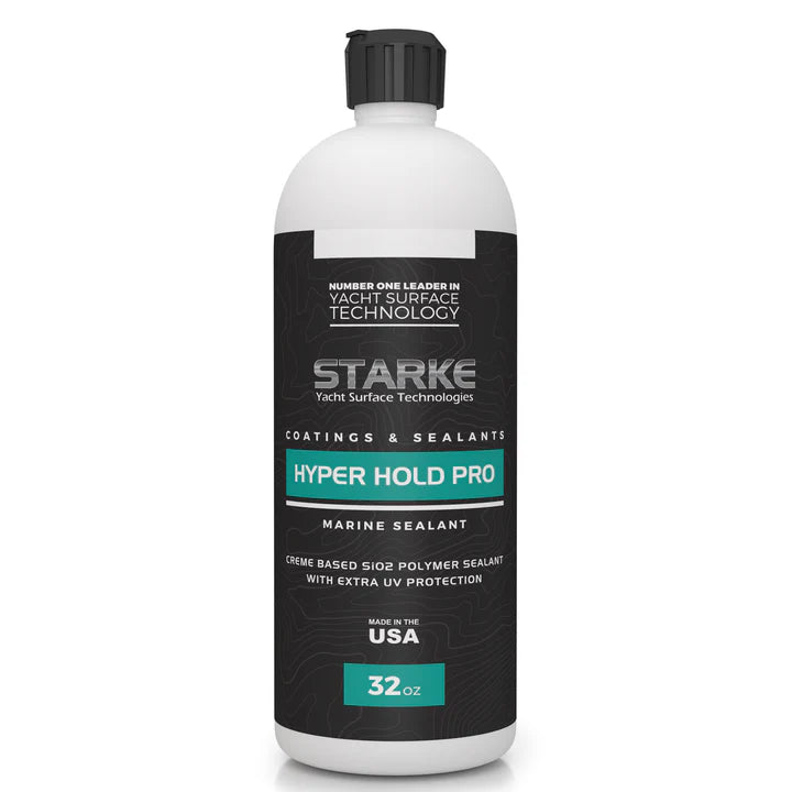 A 32oz bottle of Starke Yacht Surface Technologies Hyper Hold Pro SIO2 Polymer Sealant, featuring extreme UV protection. The bottle label is black with silver accents, highlighting the product's use for gel-coat or paint with no silicones.