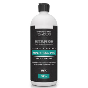 A 32oz bottle of Starke Yacht Surface Technologies Hyper Hold Pro SIO2 Polymer Sealant, featuring extreme UV protection. The bottle label is black with silver accents, highlighting the product's use for gel-coat or paint with no silicones.
