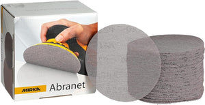 Mirka Abranet sanding discs with a box, showcasing the high-performance sanding material designed for use with orbital sanders, ideal for dust-free sanding.