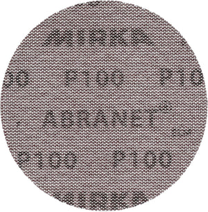 Close-up of a Mirka Abranet sanding disc, labeled with 'P100' indicating the grit size, showcasing the mesh structure designed for dust-free sanding.
