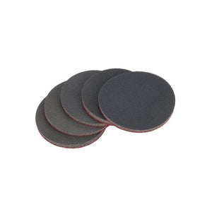 Set of five sanding discs for use with orbital sanders, designed for surface preparation and polishing, featuring durable, abrasive material.