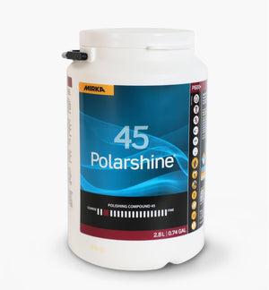 Mirka Polarshine 45 polishing compound, 2.8L container, designed for coarse to fine polishing applications on gel coat, paint, and metal surfaces.
