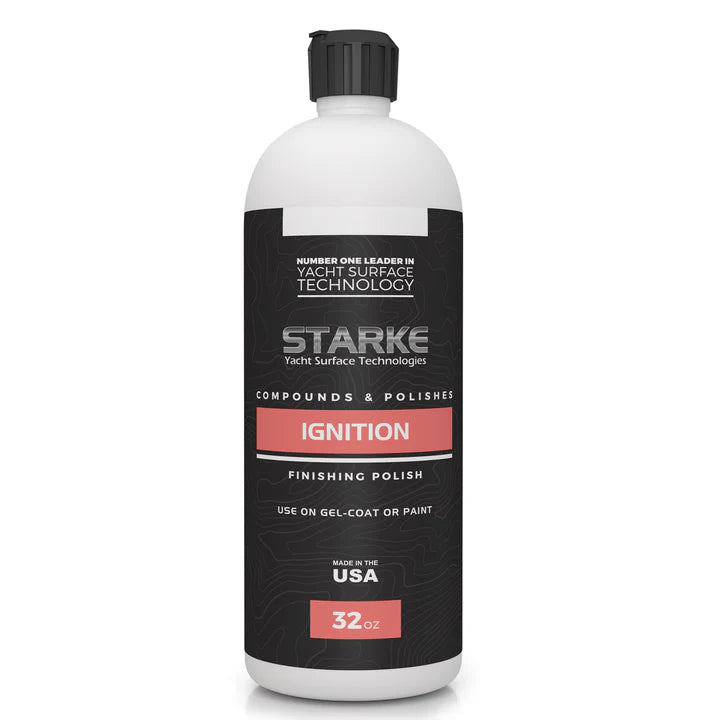 A 32oz bottle of Starke Yacht Surface Technologies Ignition, a light compound and finishing polish combined. This product is designed to remove 1500 sand scratches and is ideal for use on gel-coat or paint surfaces. It efficiently eliminates light oxidation and swirl marks, using advanced diminishing abrasive technology, with no silicones.