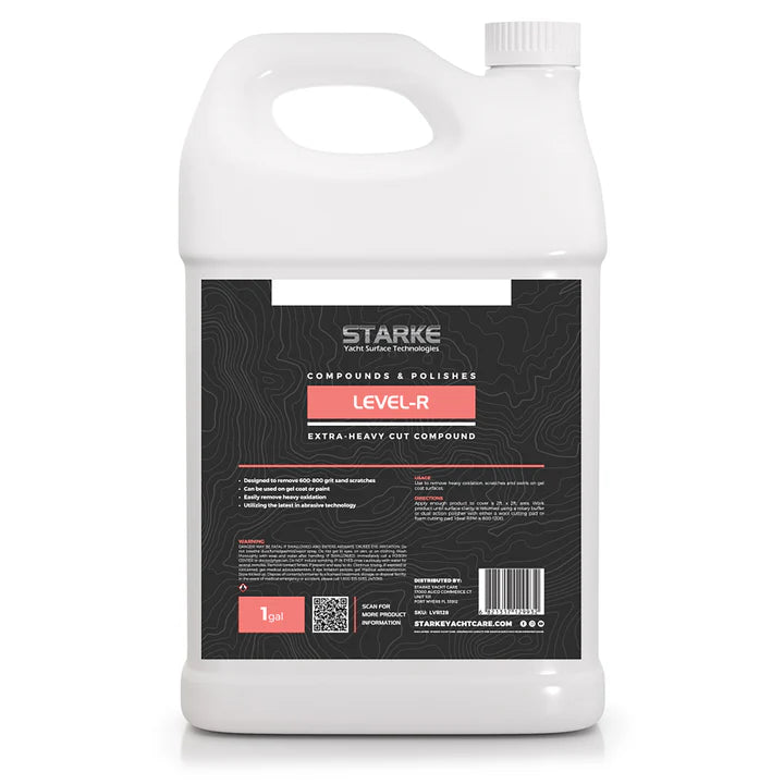 A 1 gallon bottle of Starke Yacht Surface Technologies' Level-R Extra-Heavy Cut Compound, designed to remove 600-800 sand scratches. The product can be used on gel-coat or paint, easily removing heavy oxidation without silicones, utilizing advanced diminishing abrasive technology.