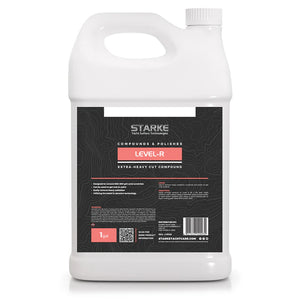 A 1 gallon bottle of Starke Yacht Surface Technologies' Level-R Extra-Heavy Cut Compound, designed to remove 600-800 sand scratches. The product can be used on gel-coat or paint, easily removing heavy oxidation without silicones, utilizing advanced diminishing abrasive technology.