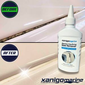 "Before and after image showing the effectiveness of Xanigo Marine Caulking Mold Remover. The 'before' image shows mold build-up in the caulking, while the 'after' image demonstrates the clean, restored caulking surface after application. The bottle of Xanigo Marine Caulking Mold Remover is displayed with a simple application label.