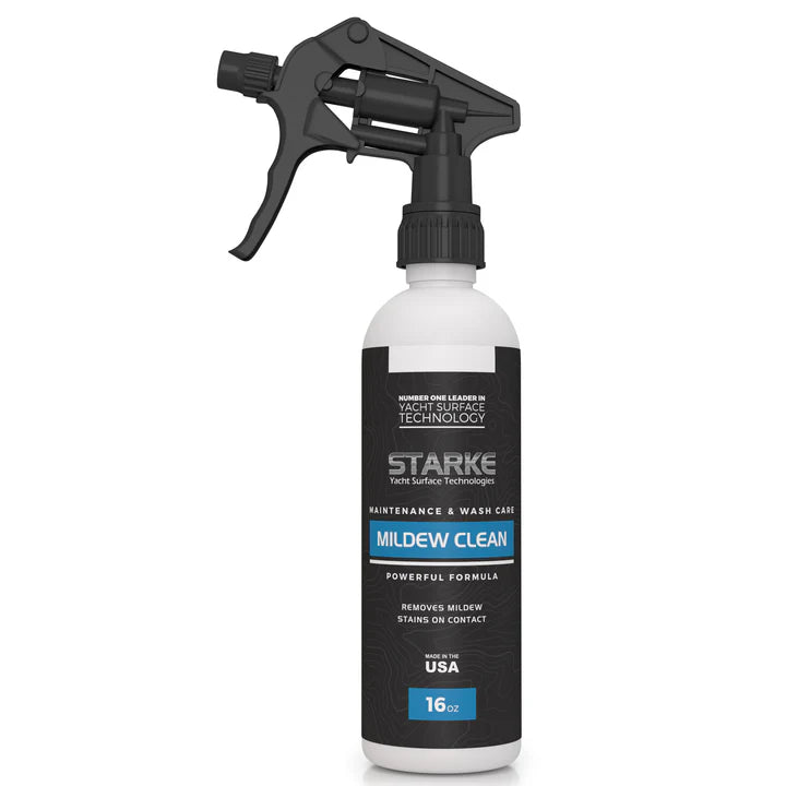 A 16oz bottle of Starke Yacht Surface Technologies Mildew Clean, a mildew stain remover in a spray bottle, designed to clean boat tops, vinyl, rubber, and more.