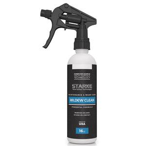 A 16oz bottle of Starke Yacht Surface Technologies Mildew Clean, a mildew stain remover in a spray bottle, designed to clean boat tops, vinyl, rubber, and more.