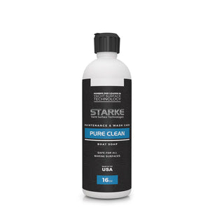 A 16 oz bottle of Starke Yacht Surface Technologies Pure Clean, a highly concentrated marine wash. This product is designed for all marine surfaces and ensures strong foaming action. It is safe for use on surfaces coated with waxes, sealants, or other protective coatings, making it ideal for boat cleaning without stripping protective layers.