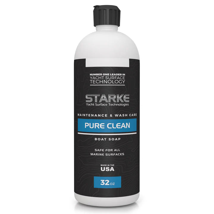A 32 oz bottle of Starke Yacht Surface Technologies Pure Clean, a highly concentrated marine wash. This product is designed for all marine surfaces and ensures strong foaming action. It is safe for use on surfaces coated with waxes, sealants, or other protective coatings, making it ideal for boat cleaning without stripping protective layers.