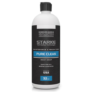 A 32 oz bottle of Starke Yacht Surface Technologies Pure Clean, a highly concentrated marine wash. This product is designed for all marine surfaces and ensures strong foaming action. It is safe for use on surfaces coated with waxes, sealants, or other protective coatings, making it ideal for boat cleaning without stripping protective layers.