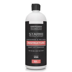 A 32oz bottle of Starke Yacht Surface Technologies Restructure, a heavy cut compound. This product is designed to remove 800-1000 grit sand scratches and can be used on both gel-coat and paint surfaces. It contains diminishing abrasives, allowing the product to transition into a fine polish.