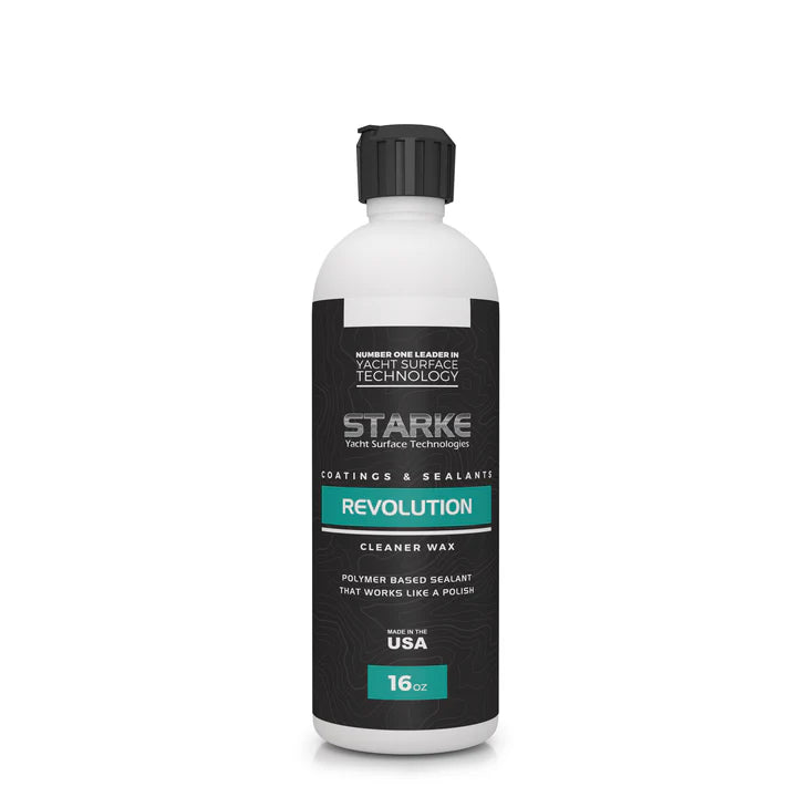 A bottle of Starke Yacht Surface Technologies Revolution Polymer-Based Sealant, designed to work like a polish. It is excellent for one-step applications and effectively removes swirl marks from surfaces. This product helps restore shine and provides lasting protection. The bottle contains 16oz of sealant.