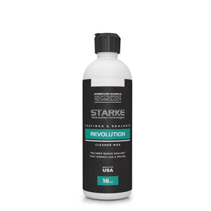 A bottle of Starke Yacht Surface Technologies Revolution Polymer-Based Sealant, designed to work like a polish. It is excellent for one-step applications and effectively removes swirl marks from surfaces. This product helps restore shine and provides lasting protection. The bottle contains 16oz of sealant.