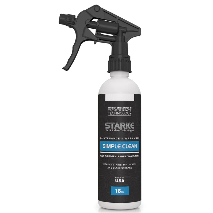 A 16oz spray bottle of Starke Yacht Surface Technology's Simple Clean, a multi-purpose cleaner designed for use on all substrates. The product is formulated to remove black streaks and stains, with a ready-to-use formula.