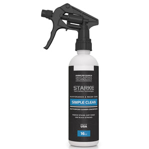 A 16oz spray bottle of Starke Yacht Surface Technology's Simple Clean, a multi-purpose cleaner designed for use on all substrates. The product is formulated to remove black streaks and stains, with a ready-to-use formula.