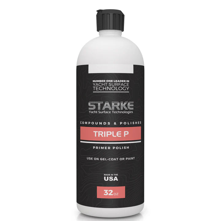 A bottle of Starke Yacht Surface Technologies Triple P Prep Polish Plus, designed for maximum adhesion of coatings and waxes. It effectively removes swirls and leaves surfaces smooth and glossy. It contains silica for added protection and is safe for use on gel-coat or paint. The product comes in a 32oz bottle.