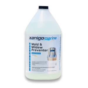 A large container of Xanigo Marine Mold & Mildew Preventer, water-based formula, with clear labeling and spray nozzle illustration.