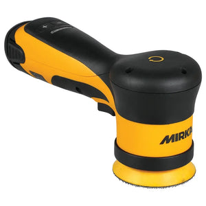 Mirka compact electric random orbital sander in yellow and black. The tool features a small round sanding pad and is designed for precise, efficient sanding on various surfaces.