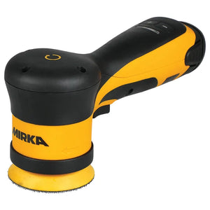 Mirka compact electric random orbital sander in yellow and black. The tool features a small round sanding pad and is designed for precise, efficient sanding on various surfaces.
