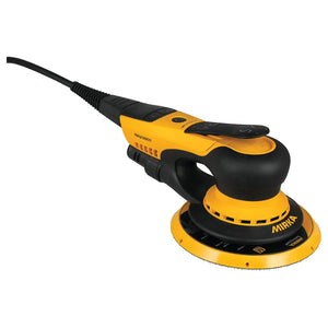 Mirka DEROS 625CV direct electric random orbital  sander with ergonomic handle and a round pad designed for polishing or sanding surfaces. The tool features a yellow and black color scheme and adjustable settings for precise work.
