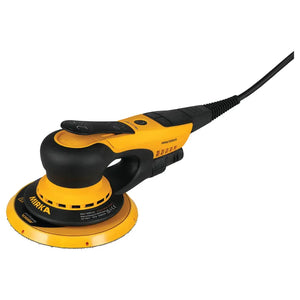 Mirka DEROS 625CV direct electric random orbital  sander with ergonomic handle and a round pad designed for polishing or sanding surfaces. The tool features a yellow and black color scheme and adjustable settings for precise work.