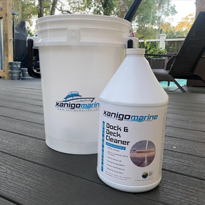 Xanigo Marine Dock & Deck Cleaner, placed next to a Xanigo Marine branded bucket.