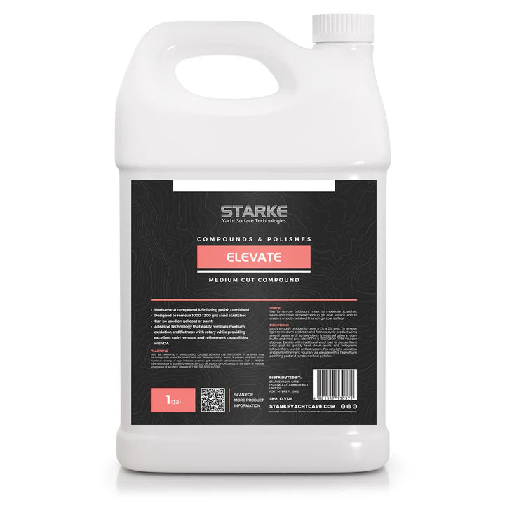 A 1 gallon bottle of Starke Yacht Surface Technologies Elevate, a medium-cut compound. This product is designed to remove 1000-1200 grit sand scratches and is suitable for use on gel-coat or paint surfaces. It effectively removes medium oxidation and flattens the surface, using advanced diminishing abrasive technology.