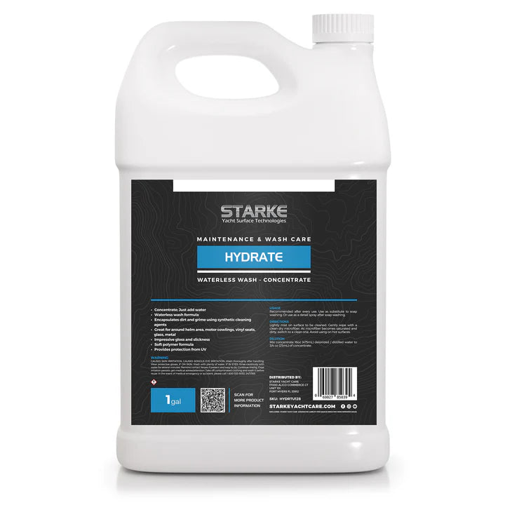 Starke Yacht Surface Technologies Hydrate, RTU Waterless Wash Concentrate, in a 128 oz bottle, suitable for gel-coat, paint, metal, glass, and plastic surfaces, encapsulates dirt and grime while leaving a slick finish and enhanced gloss.