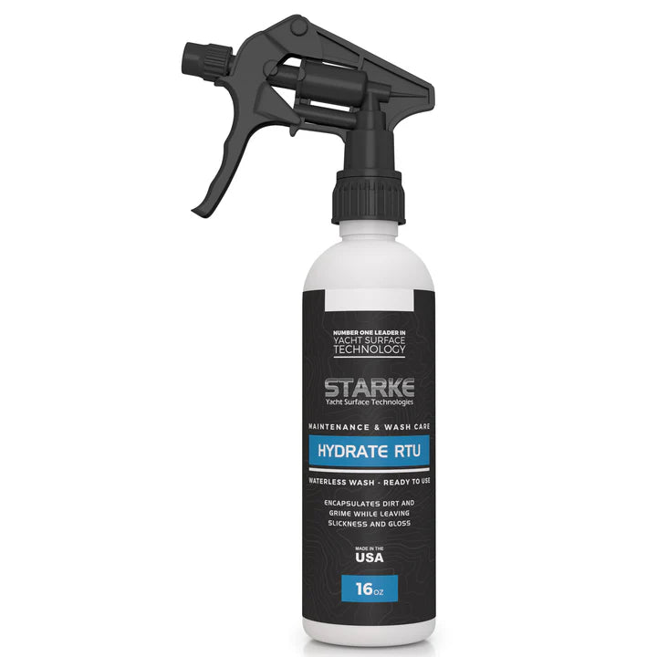 Starke Yacht Surface Technologies Hydrate, RTU Waterless Wash in a 16 oz spray bottle, suitable for gel-coat, paint, metal, glass, and plastic surfaces, encapsulates dirt and grime while leaving a slick finish and enhanced gloss.
