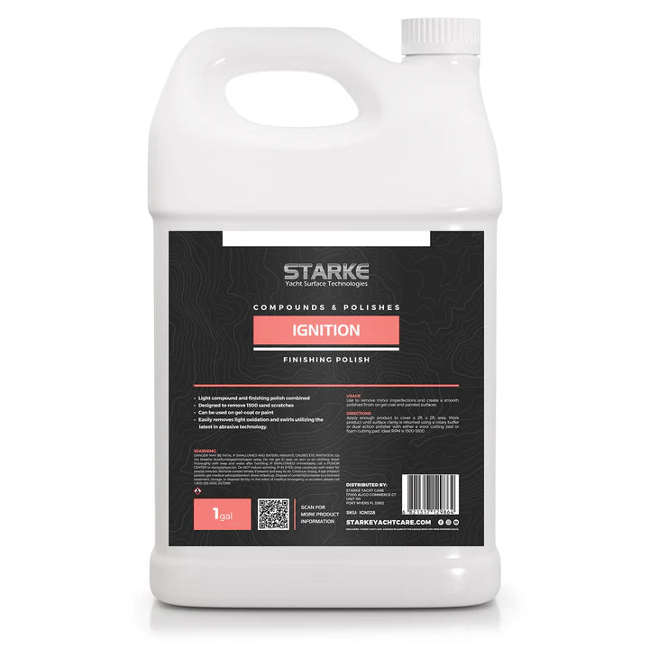 A 1 gallon bottle of Starke Yacht Surface Technologies Ignition, a light compound and finishing polish combined. This product is designed to remove 1500 sand scratches and is ideal for use on gel-coat or paint surfaces. It efficiently eliminates light oxidation and swirl marks, using advanced diminishing abrasive technology, with no silicones
