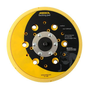 Mirka backing pad with a yellow edge, designed for use with rotary and dual action polishers. It features multiple holes for dust extraction and a sturdy attachment system for polishing pads.