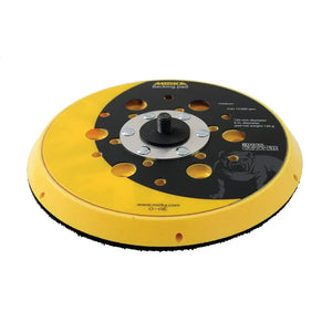 Mirka backing pad with a yellow edge, designed for use with rotary and dual action polishers. It features multiple holes for dust extraction and a sturdy attachment system for polishing pads.