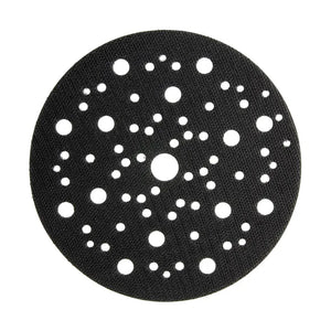 Close-up of a Mirka sanding disc with multiple perforations, designed for effective dust extraction during sanding tasks.