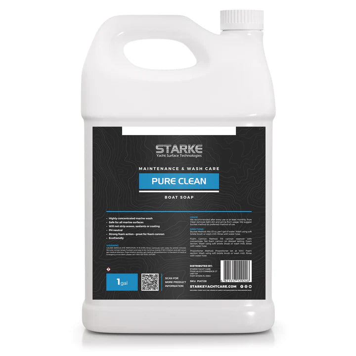 A 1 gallon bottle of Starke Yacht Surface Technologies Pure Clean, a highly concentrated marine wash. This product is designed for all marine surfaces and ensures strong foaming action. It is safe for use on surfaces coated with waxes, sealants, or other protective coatings, making it ideal for boat cleaning without stripping protective layers.