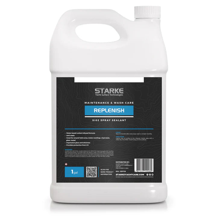 A 1 gallon bottle of Starke Yacht Surface Technology Replenish, a carbon-infused silica spray. This product is used for coating maintenance, providing excellent protection, glossiness, and hydrophobic effects. It can be applied as a topcoat over coatings or used as a standalone sealant.