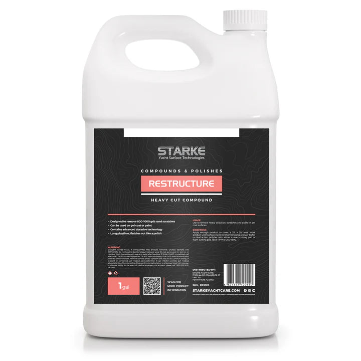 A 1 gallon bottle of Starke Yacht Surface Technologies Restructure, a heavy cut compound. This product is designed to remove 800-1000 grit sand scratches and can be used on both gel-coat and paint surfaces. It contains diminishing abrasives, allowing the product to transition into a fine polish.