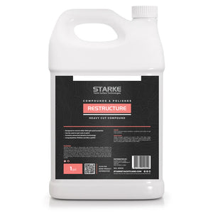 A 1 gallon bottle of Starke Yacht Surface Technologies Restructure, a heavy cut compound. This product is designed to remove 800-1000 grit sand scratches and can be used on both gel-coat and paint surfaces. It contains diminishing abrasives, allowing the product to transition into a fine polish.