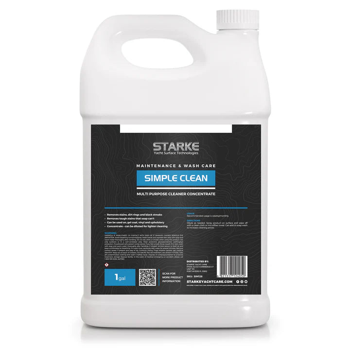 A 128oz bottle of Starke Yacht Surface Technology's Simple Clean, a multi-purpose cleaner designed for use on all substrates. The product is formulated to remove black streaks and stains, with a ready-to-use formula.