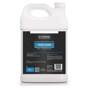 Starke Yacht Surface Technologies Teak Clean, a part A concentrate that removes gray weathered look and staining from teak surfaces. Restores and brightens natural finish with minimal scrubbing required. Does not soften seams.